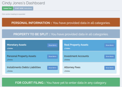 Example user dashboard in the DivorceSplit app.