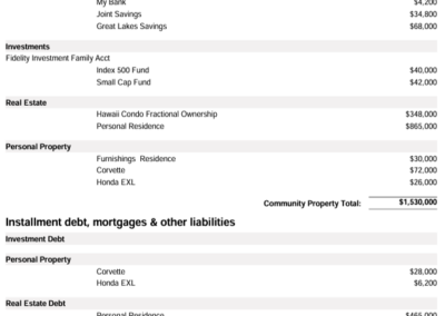 Example Community Property Schedule in the DivorceSplit app.