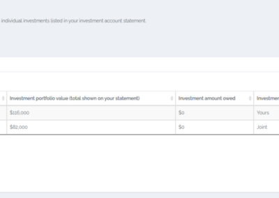 Example Investment Account screen in the DivorceSplit app.