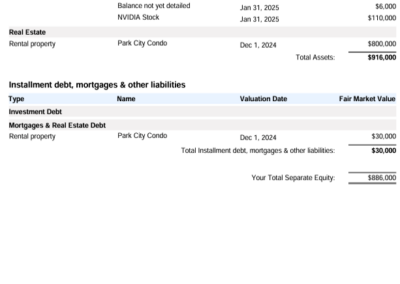 Example Separate Property Schedule in the DivorceSplit app.